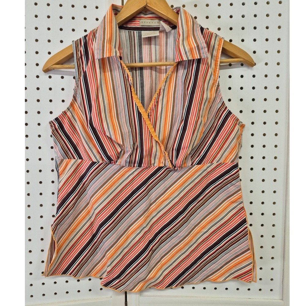 Vintage Y2K Fiorlini Striped V-Neck Tank Top Size S Collared Indie Retro